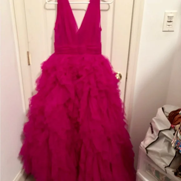Mac Duggal Vibrant Fuchsia Layered Midi Dress - Picture 2 of 5